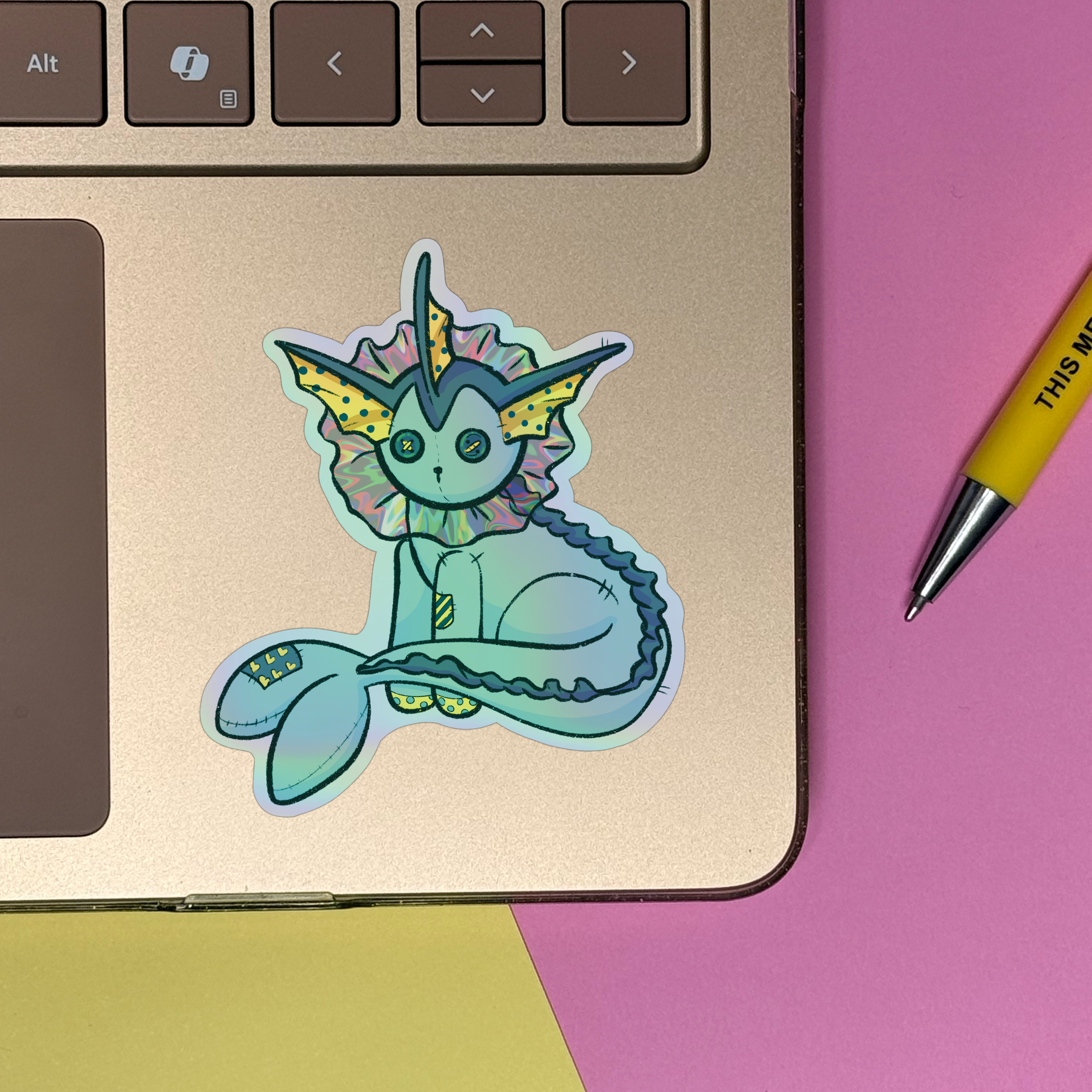 Plushie Water Dog - holographic finish - cute virtual pet inspired die cut sticker