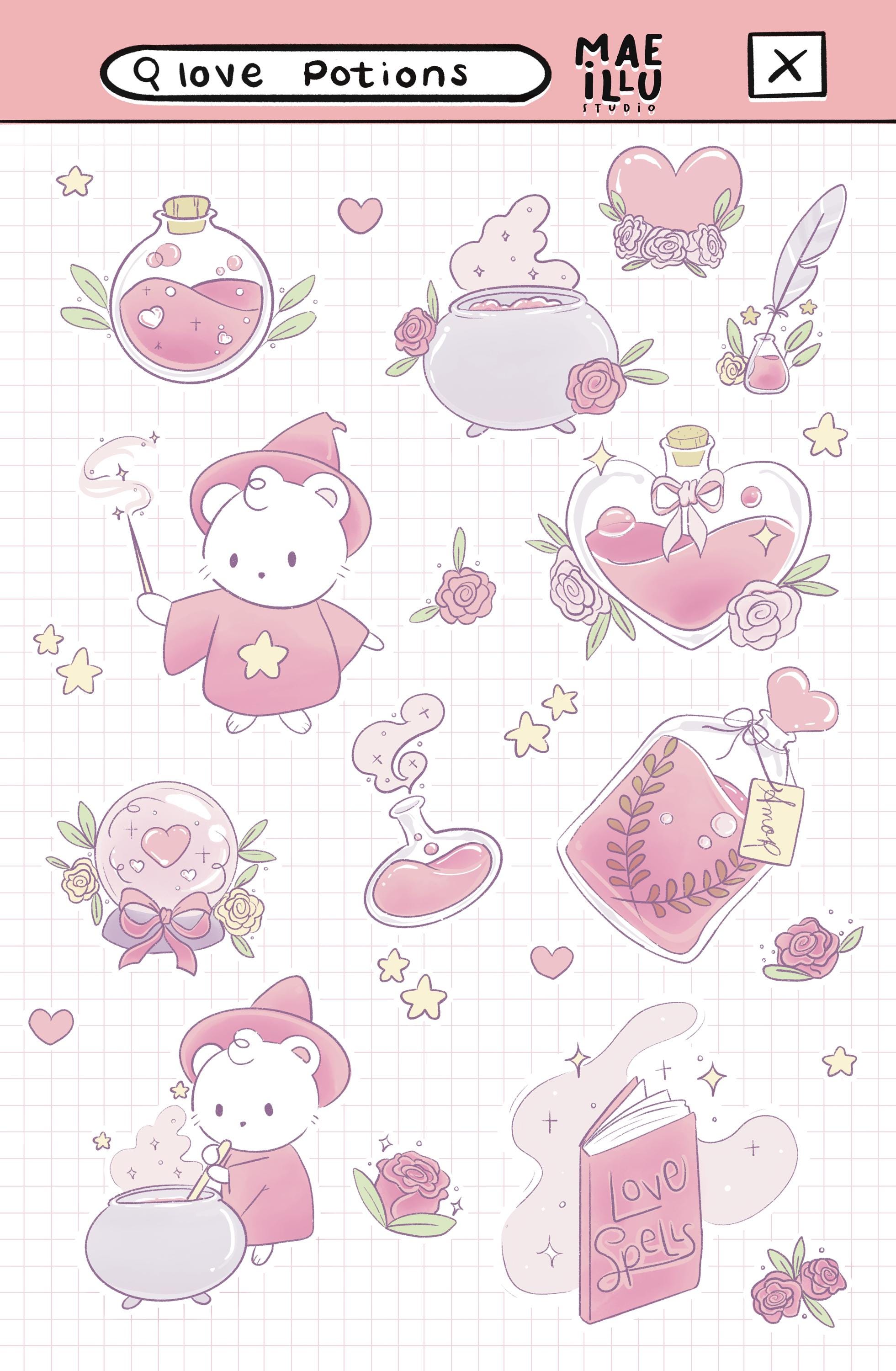 Love Potions Sticker Sheet - Cute Witch Bears, Magical Valentine Stickers