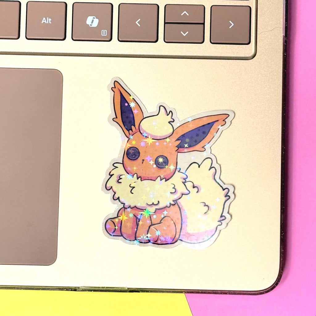 Plushie Fire Dog - holographic finish - cute virtual pet inspired die cut sticker