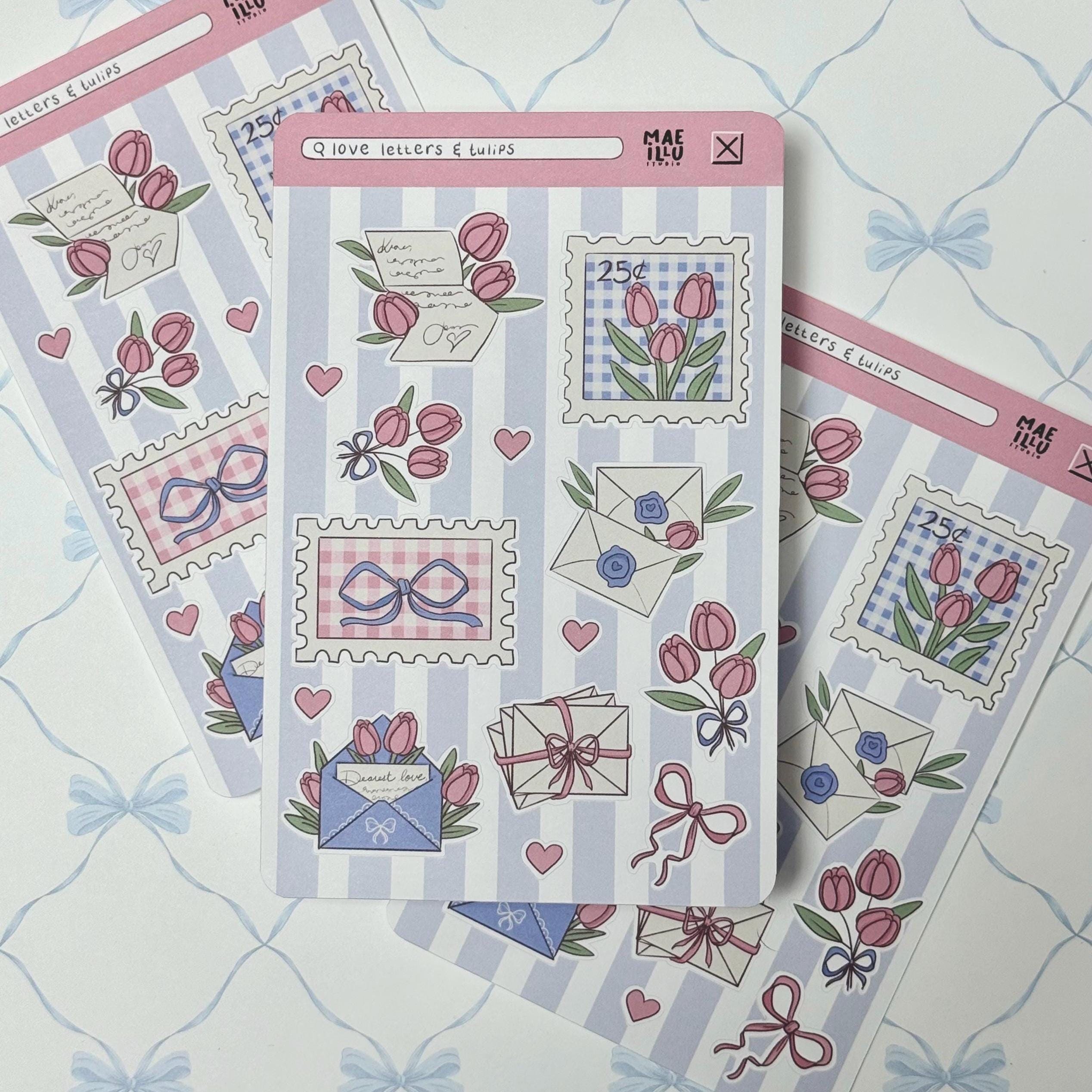 Love Letters & Tulips Sticker Sheet - Coquette Valentine Stickers, Romantic Stationery Aesthetic