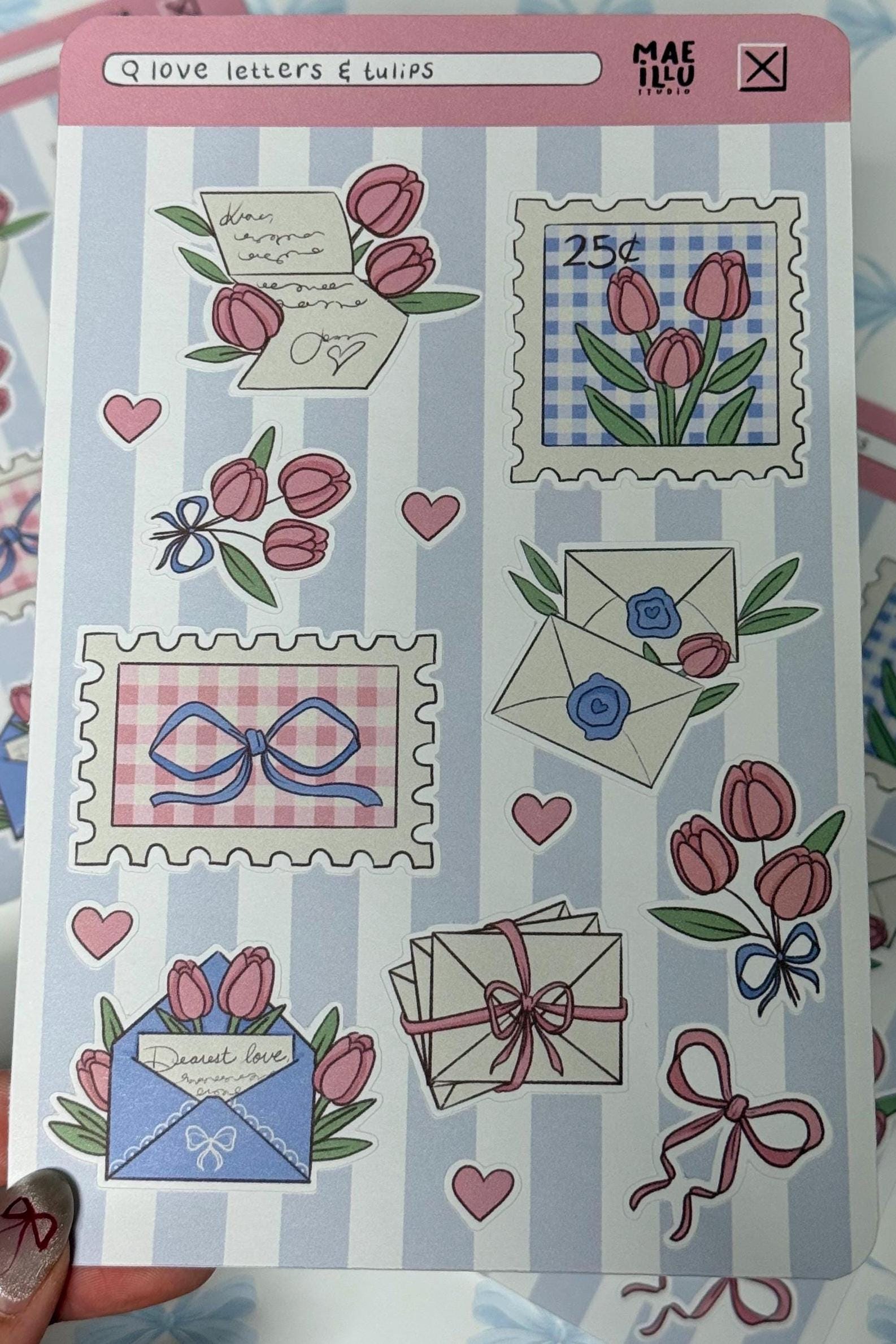 Love Letters & Tulips Sticker Sheet - Coquette Valentine Stickers, Romantic Stationery Aesthetic