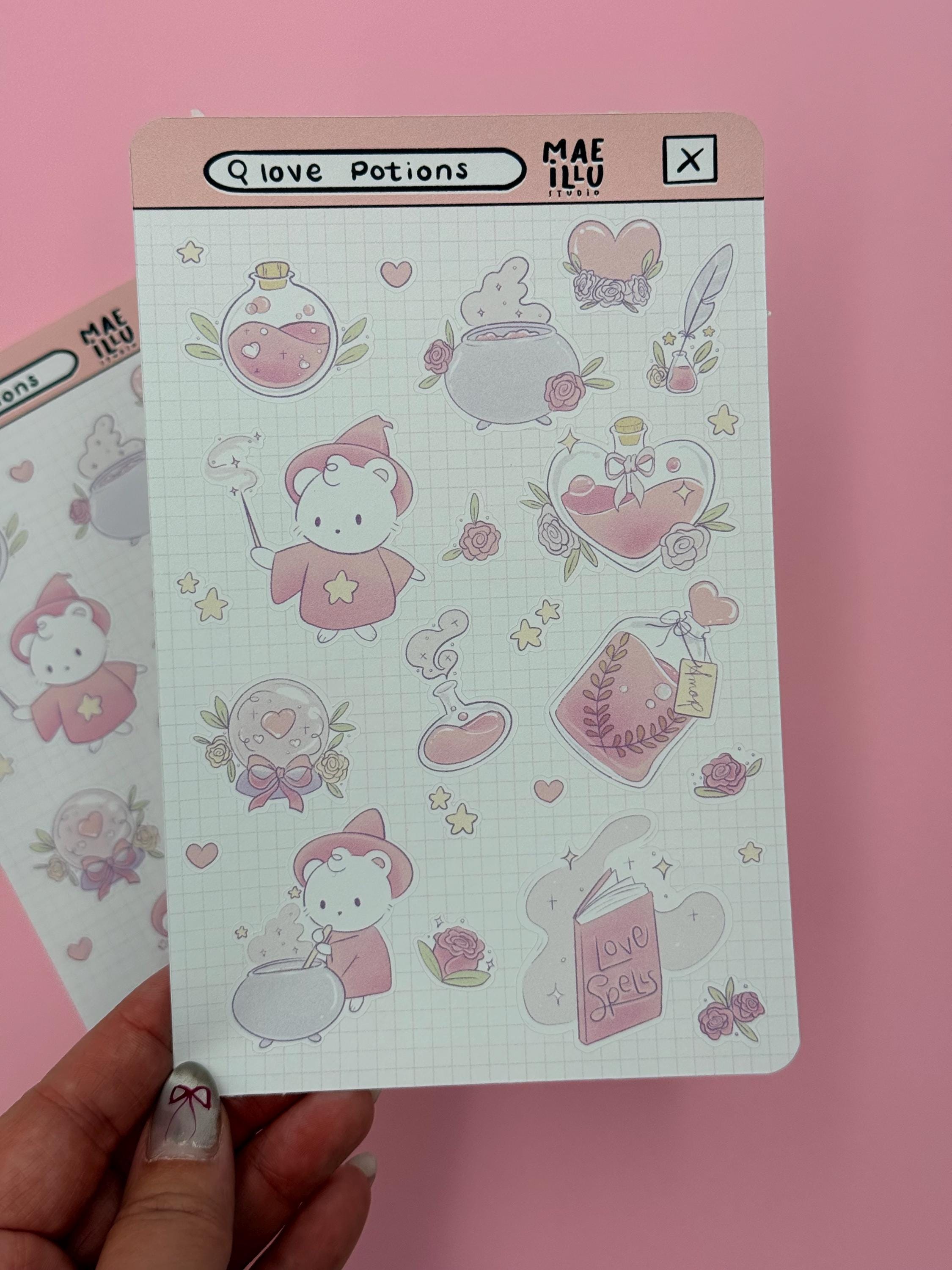 Love Potions Sticker Sheet - Cute Witch Bears, Magical Valentine Stickers