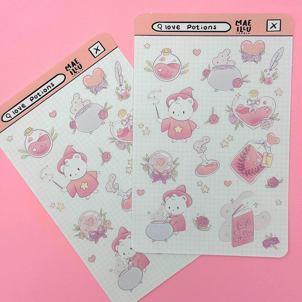Love Potions Sticker Sheet - Cute Witch Bears, Magical Valentine Stickers